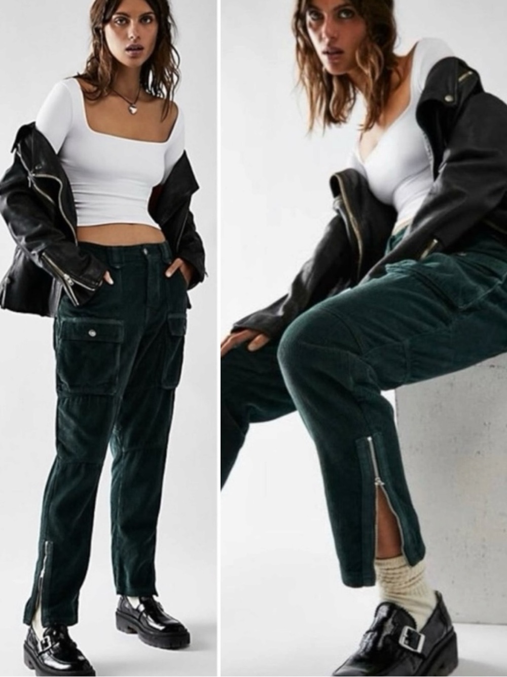 Free People Grunge 90s Cargo London Calling Slouchy Cord Jeans Pine Green 27 NWT
